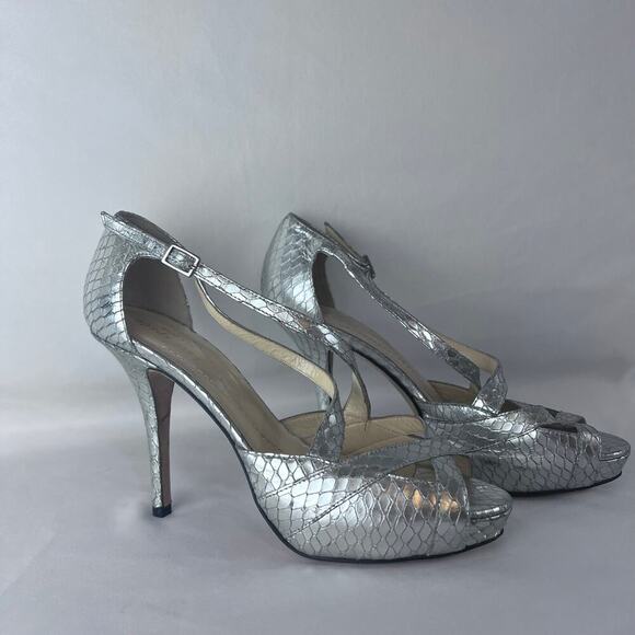 KATE SPADE Open Toe Gold Metallic Snake Skin Stamped Heels Women's Sz7 B - Picture 2 of 9